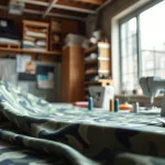 Bekijk hoe legerprint stof wordt gebruikt in naaiwerkzaamheden met verschillende gereedschappen.