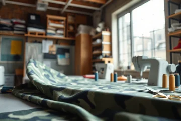 Bekijk hoe legerprint stof wordt gebruikt in naaiwerkzaamheden met verschillende gereedschappen.