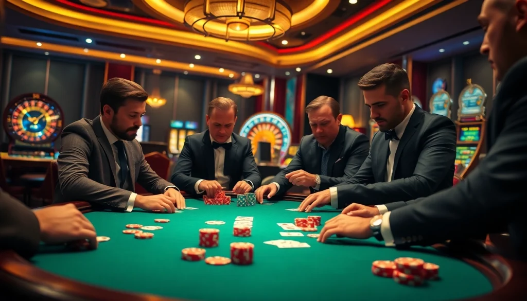 Men club members playing poker in a luxurious casino, showcasing vibrant chips and cards.