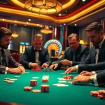 Men club members playing poker in a luxurious casino, showcasing vibrant chips and cards.
