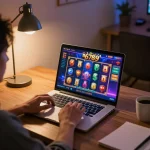 Playing nổ hũ 6789 with a vibrant casino interface on a laptop in a cozy home setup
