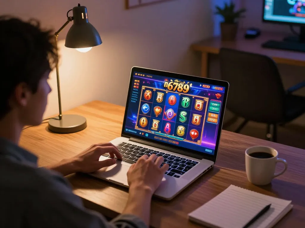Playing nổ hũ 6789 with a vibrant casino interface on a laptop in a cozy home setup