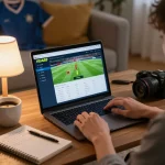 Person using VUA88 online betting app on laptop in a cozy home setting, strategizing and enjoying sports betting.
