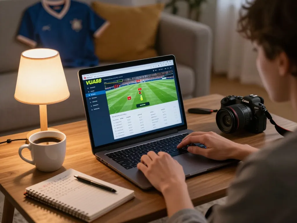 Person using VUA88 online betting app on laptop in a cozy home setting, strategizing and enjoying sports betting.