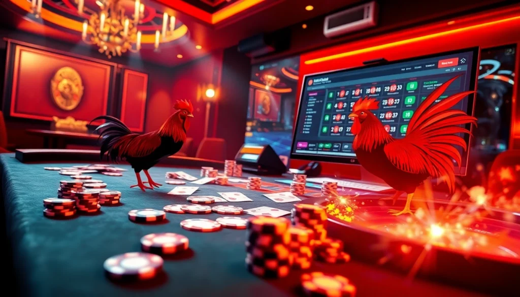 Engaging scene illustrating đá gà trực tiếp with dynamic online gambling elements, evoking excitement in betting.