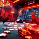 Engaging scene illustrating đá gà trực tiếp with dynamic online gambling elements, evoking excitement in betting.
