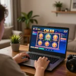 Player engaging with CM 88 casino software on laptop at home, showcasing a vibrant gaming atmosphere.