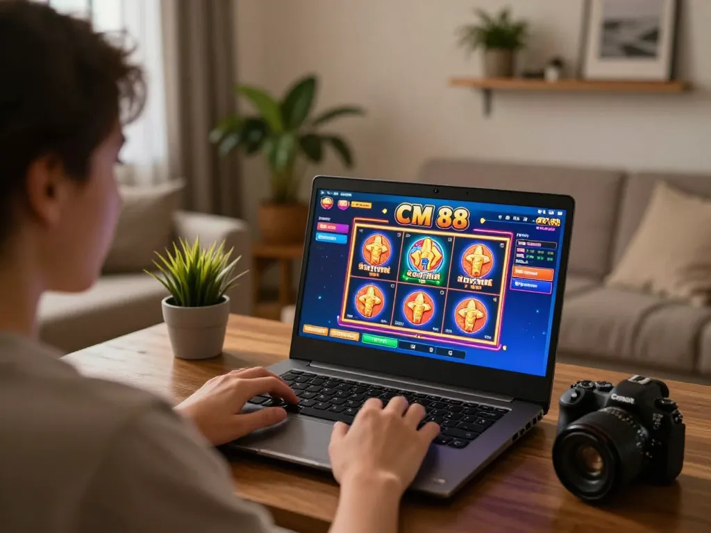 Player engaging with CM 88 casino software on laptop at home, showcasing a vibrant gaming atmosphere.