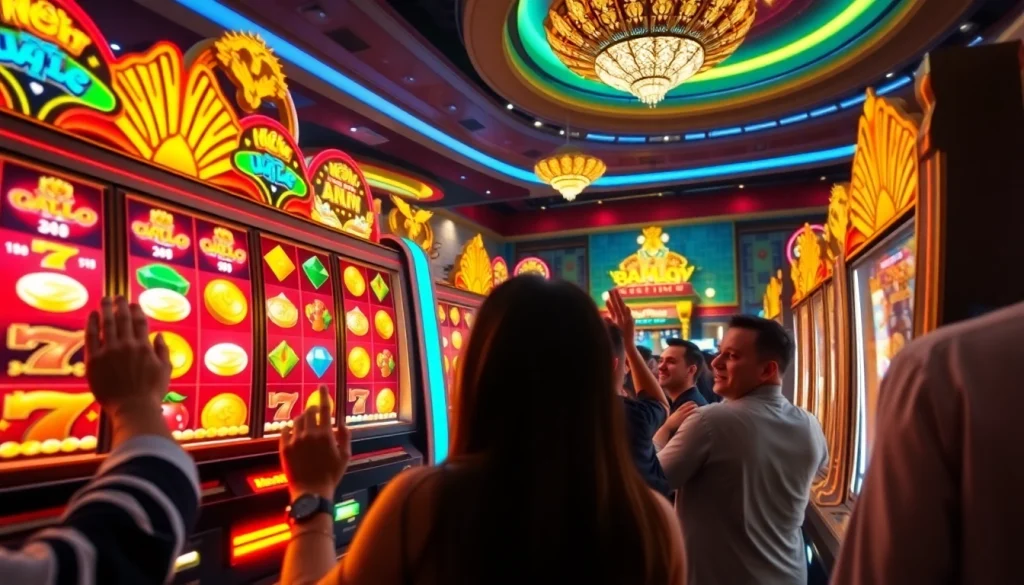 Nổ Hũ Uy Tín slot machine experience with vibrant players celebrating wins