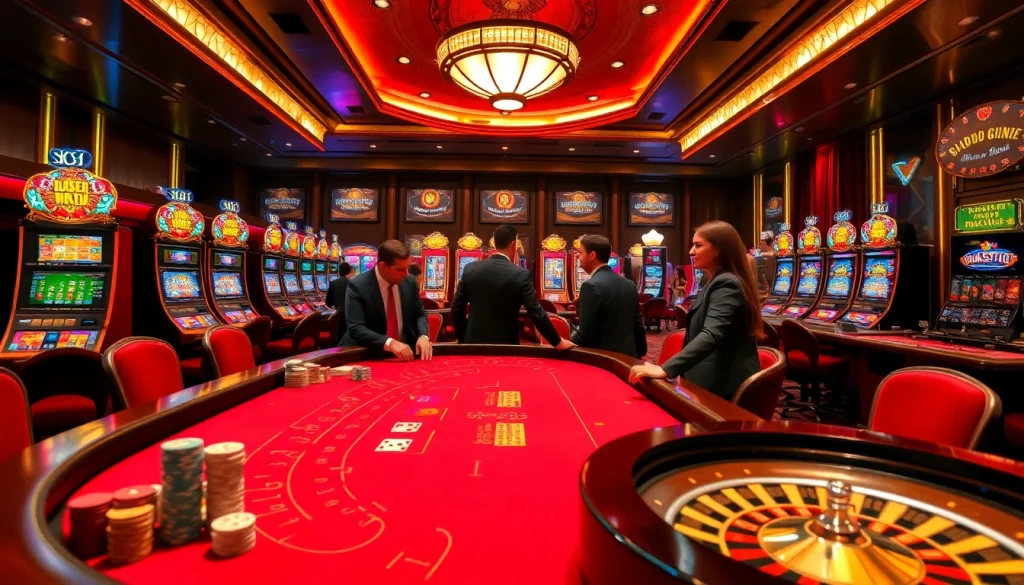 Bl555 gaming excitement with luxurious casino tables and vibrant slot machines.