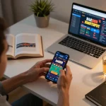 Engaged player using aa888 mobile app for live dealer gaming in a cozy home office setup.