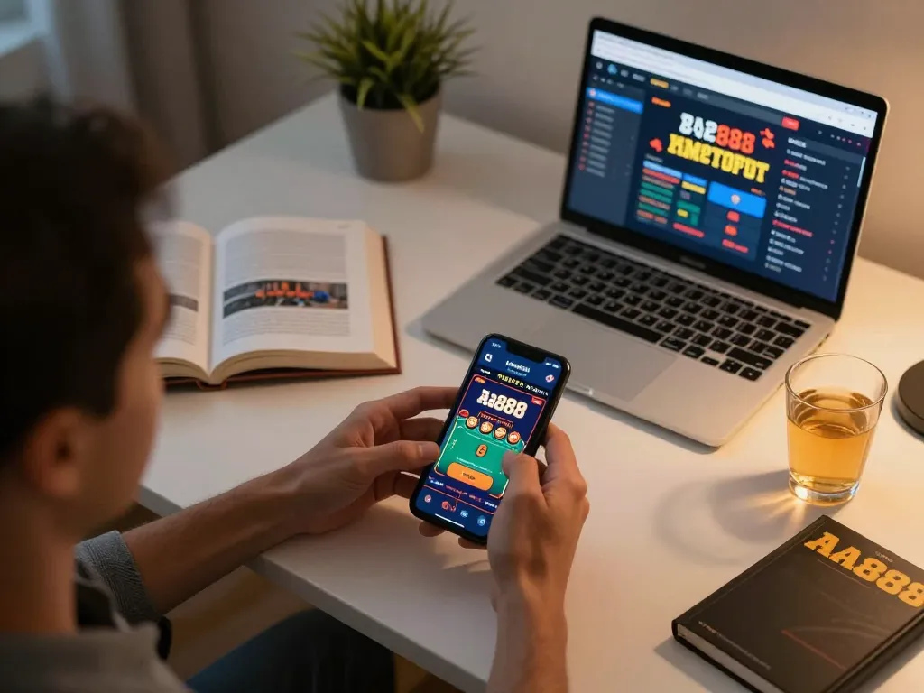 Engaged player using aa888 mobile app for live dealer gaming in a cozy home office setup.