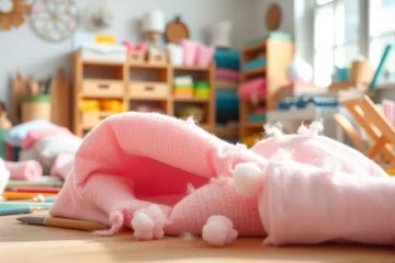 Wafel katoenen stof in een creatief atelier met kleurrijke materialen en gereedschap.