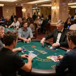Players experiencing thrill at nk88 com during an intense blackjack game in a bustling casino.