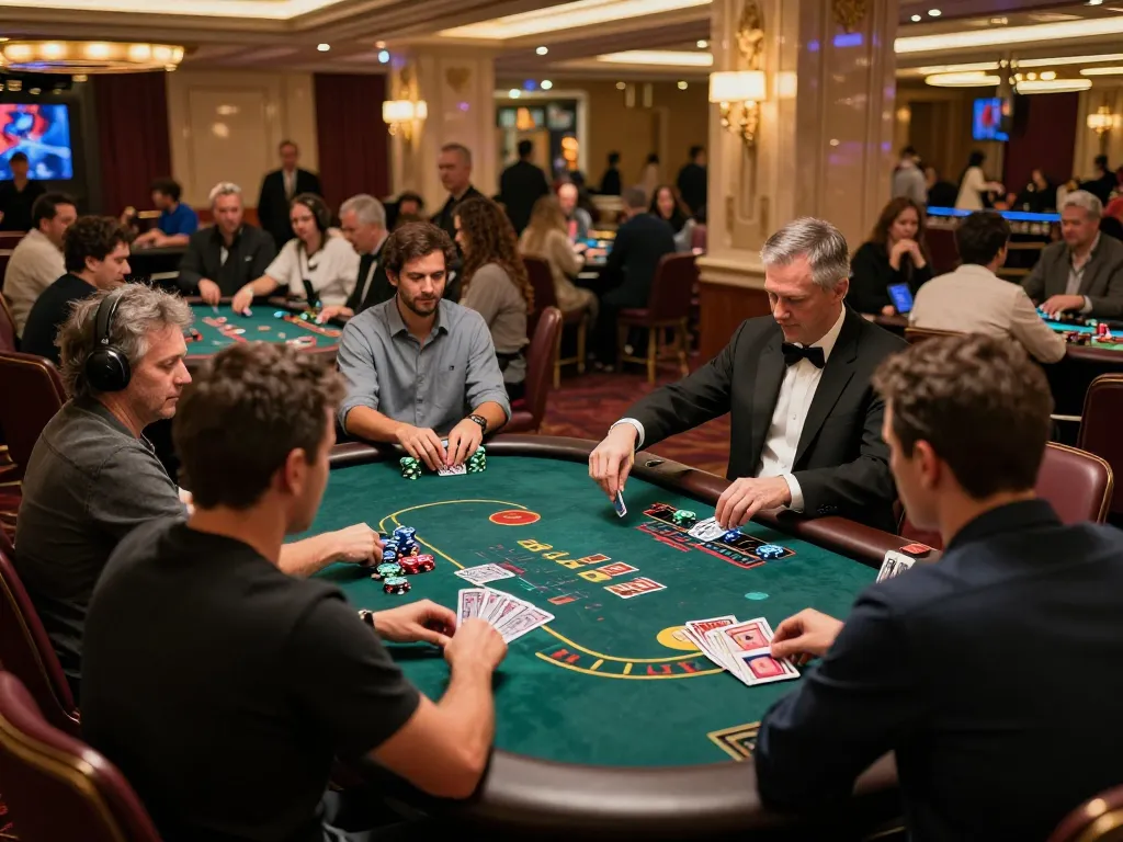 Players experiencing thrill at nk88 com during an intense blackjack game in a bustling casino.
