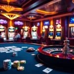 Experience the thrill of Jun88 with a dazzling casino scene featuring poker chips and roulette wheels.