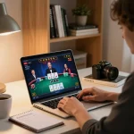 Engaging scene of a player focusing on an online poker game with the keyword XO88 WIN highlighted in the display, showcasing strategic gameplay and cozy home atmosphere.