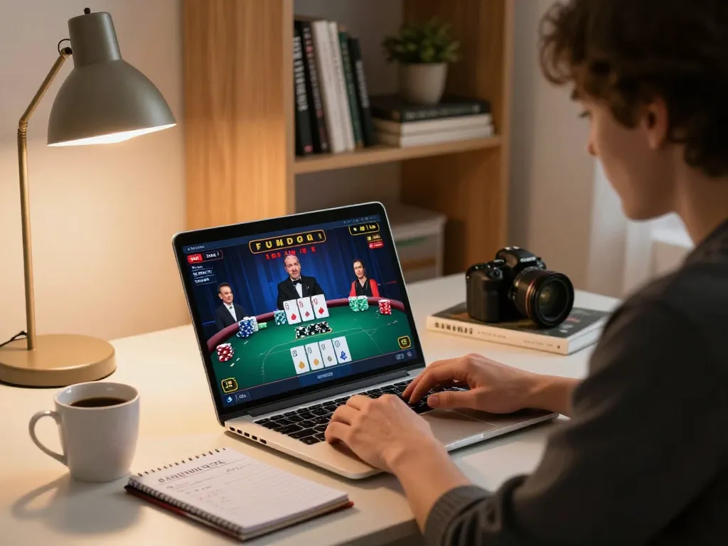 Engaging scene of a player focusing on an online poker game with the keyword XO88 WIN highlighted in the display, showcasing strategic gameplay and cozy home atmosphere.