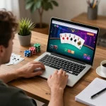 MI88 player strategizing during an online poker session at home for a compelling gaming experience