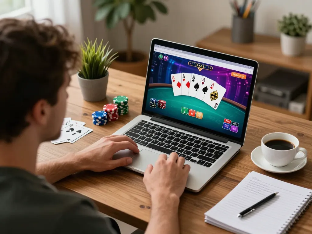 MI88 player strategizing during an online poker session at home for a compelling gaming experience