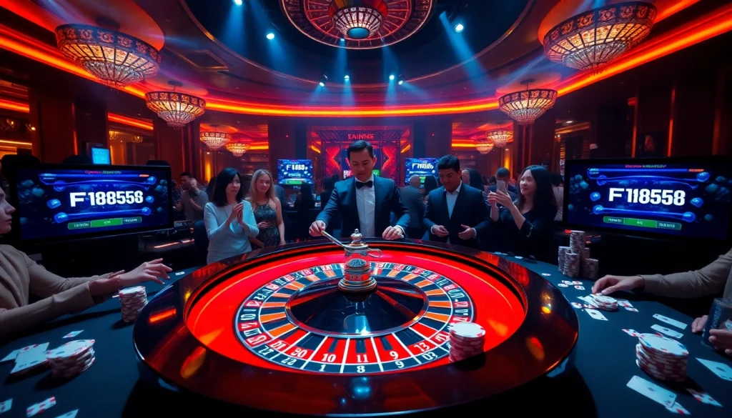 A thrilling F168 casino scene showcasing vibrant roulette action and engaged players.