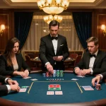 Engaged players in a high-stakes TT88 poker game at an upscale casino table with intense focus and colorful chips.