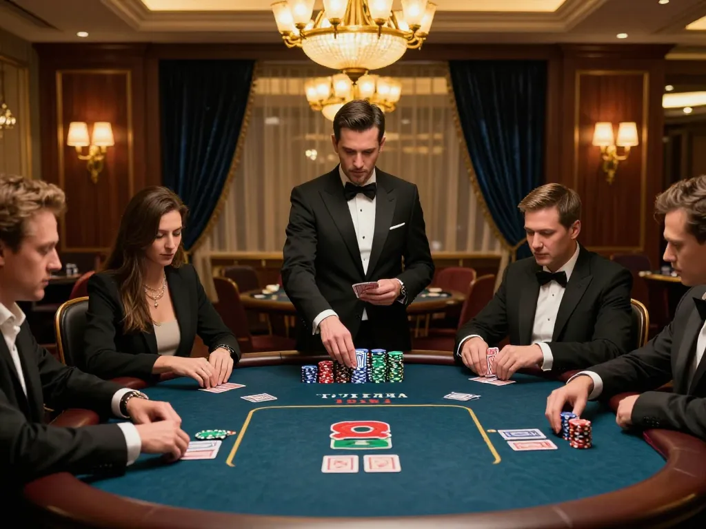 Engaged players in a high-stakes TT88 poker game at an upscale casino table with intense focus and colorful chips.