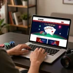Player strategizing bets on VIN88 online casino website from a stylish home office setting