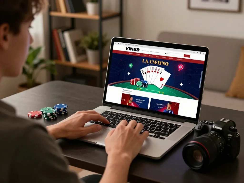 Player strategizing bets on VIN88 online casino website from a stylish home office setting