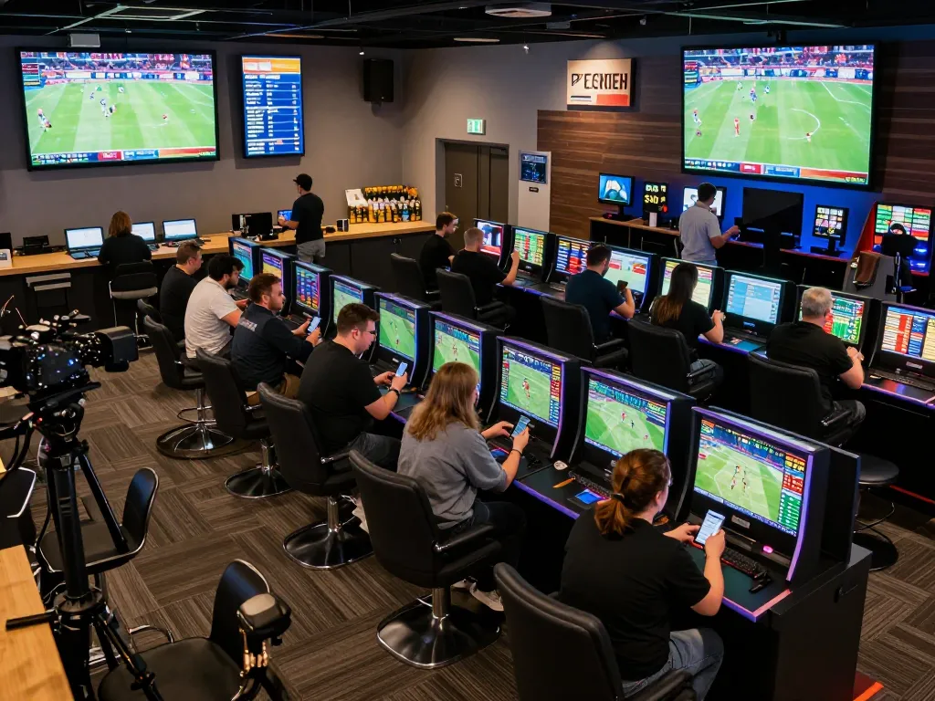 F168 sports betting enthusiasts engaging with live match updates and betting options in a lively lounge.