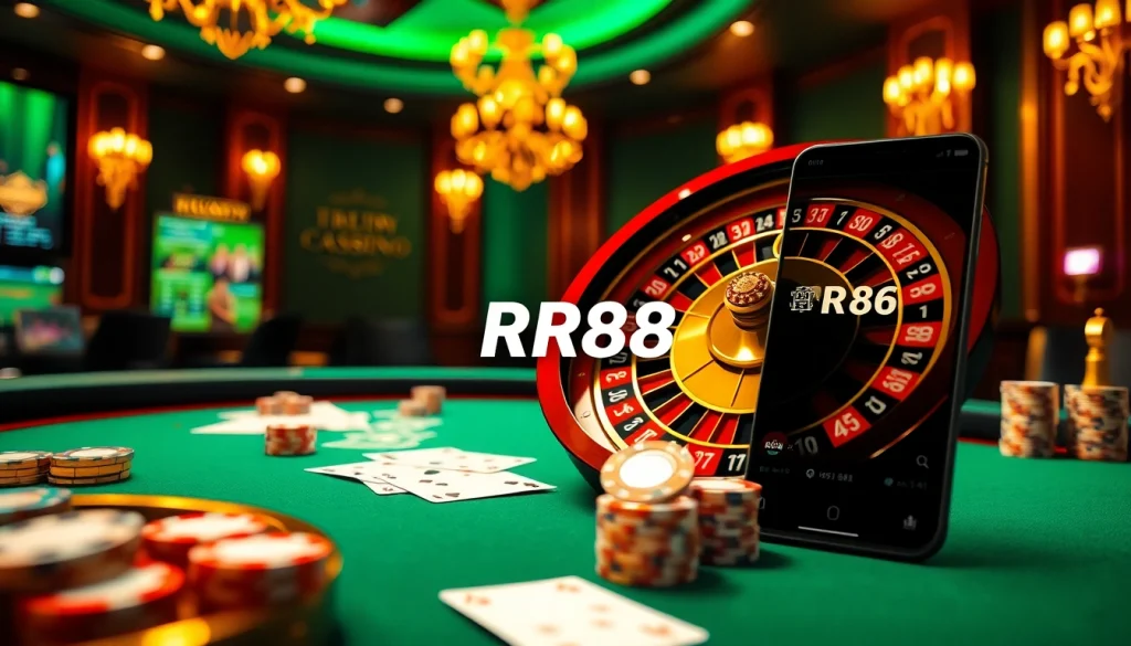 RR88 players placing bets at a luxurious casino with roulette, poker, and mobile interfaces.