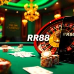 RR88 players placing bets at a luxurious casino with roulette, poker, and mobile interfaces.