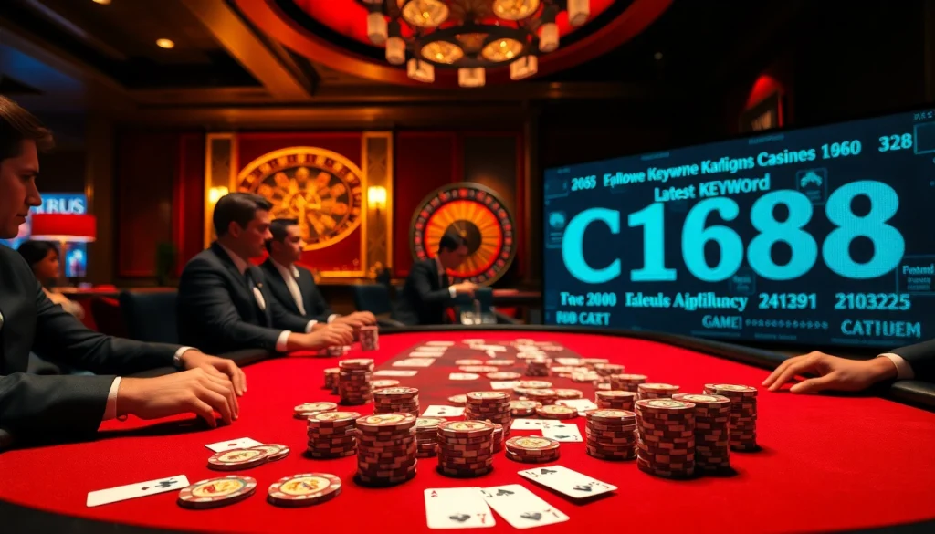 C168 poker players strategizing at a luxurious casino table with vibrant chips and cards.