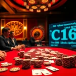 C168 poker players strategizing at a luxurious casino table with vibrant chips and cards.