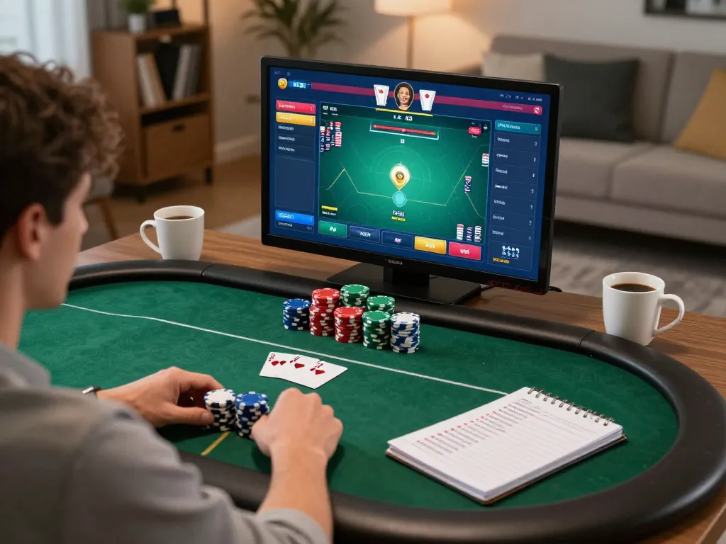 Online gaming session at rr88.center showcasing poker strategies with cozy home atmosphere.
