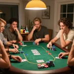 SV368 players engaging in a thrilling poker game at home, showcasing vibrant chips and cards in play.