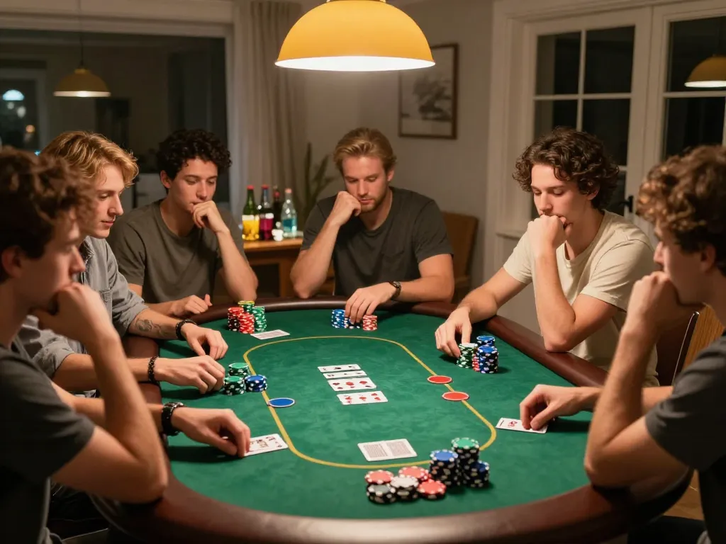 SV368 players engaging in a thrilling poker game at home, showcasing vibrant chips and cards in play.