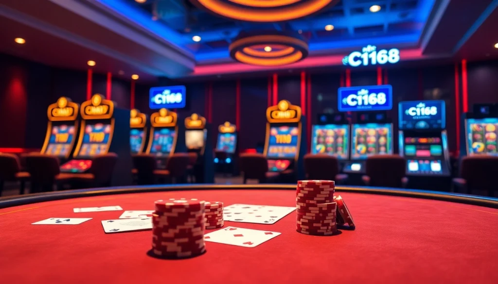 Engaging scene of nhà cái C168 showcasing poker chips and gaming tables in a luxurious casino setting.