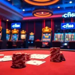 Engaging scene of nhà cái C168 showcasing poker chips and gaming tables in a luxurious casino setting.