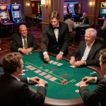 Experience the energetic thrill of a blackjack game at 9BET casino, featuring players and a dealer in action.