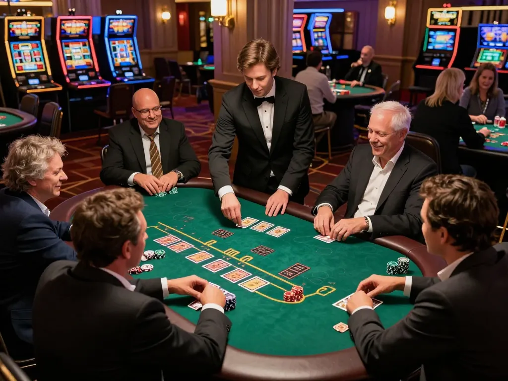 Experience the energetic thrill of a blackjack game at 9BET casino, featuring players and a dealer in action.