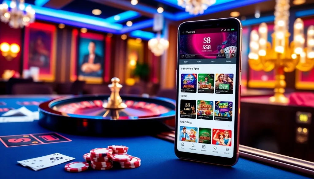 S8 homepage interface displaying thrilling casino games and promotions in an elegant casino setting.