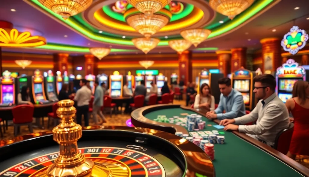 8kbet vibrant casino scene with poker players, roulette table, and colorful slot machines.