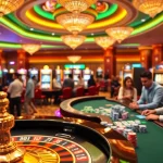 8kbet vibrant casino scene with poker players, roulette table, and colorful slot machines.