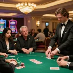 MAX88 players strategizing their next move at a luxury poker table, showcasing high-stakes excitement.