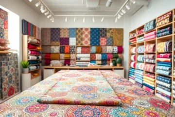 Bekijk kleurrijke bedrukte stoffen kopen op een prachtige ontwerp tafel.