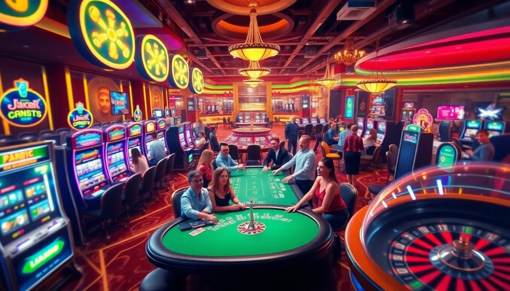 Experience the excitement of Bet88 com with players at the poker table and vibrant slot machines.