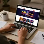 Engaging gambling scene on mm88.com with player using laptop for online casino games.
