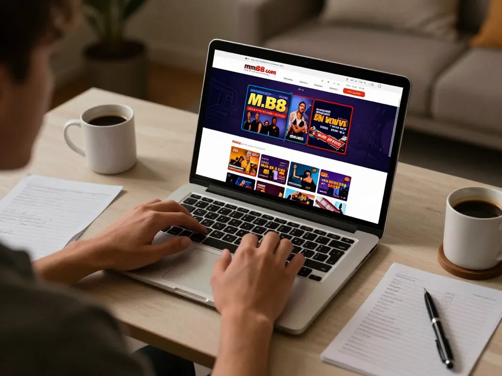 Engaging gambling scene on mm88.com with player using laptop for online casino games.