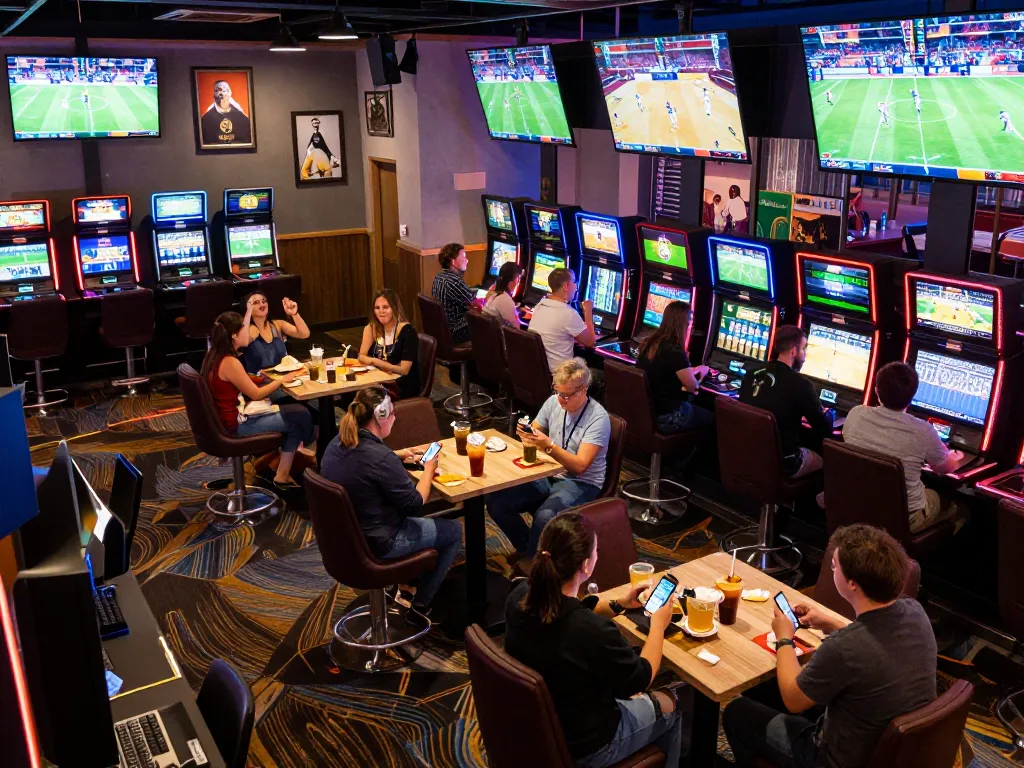 FABET bettors enjoy online sports betting in a lively casino environment with multiple screens.